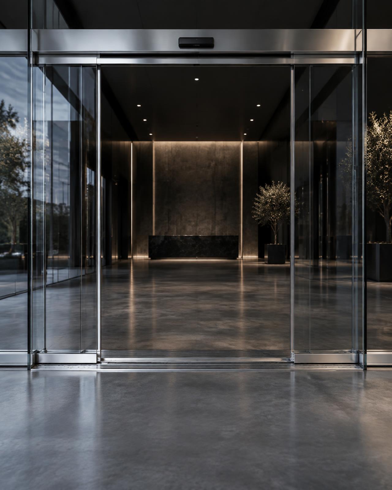 Frameless glass doors with a stainless steel header at a commercial lobby entrance